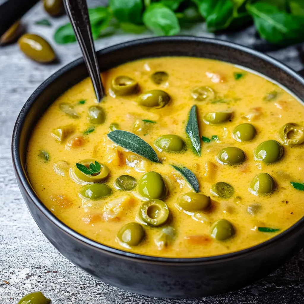 A bowl of soup with green olives and a spoon.