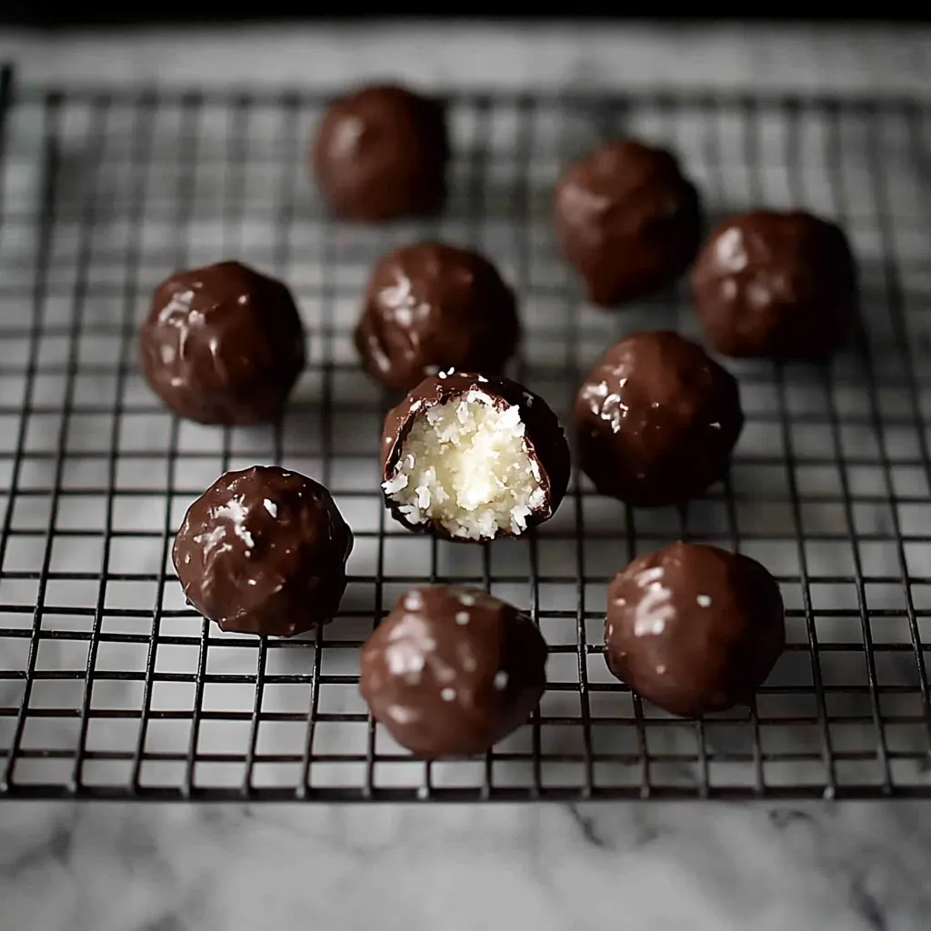 Chocolate balls with white topping.