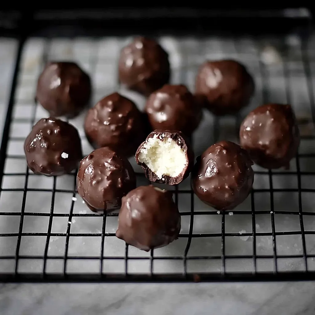Chocolate balls with white cream in the middle.