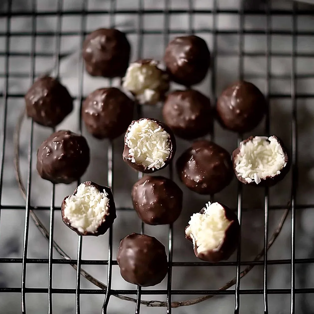 A tray of chocolate covered coconut balls.