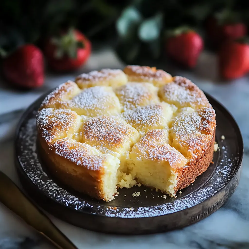 A slice of cake with powdered sugar on top.
