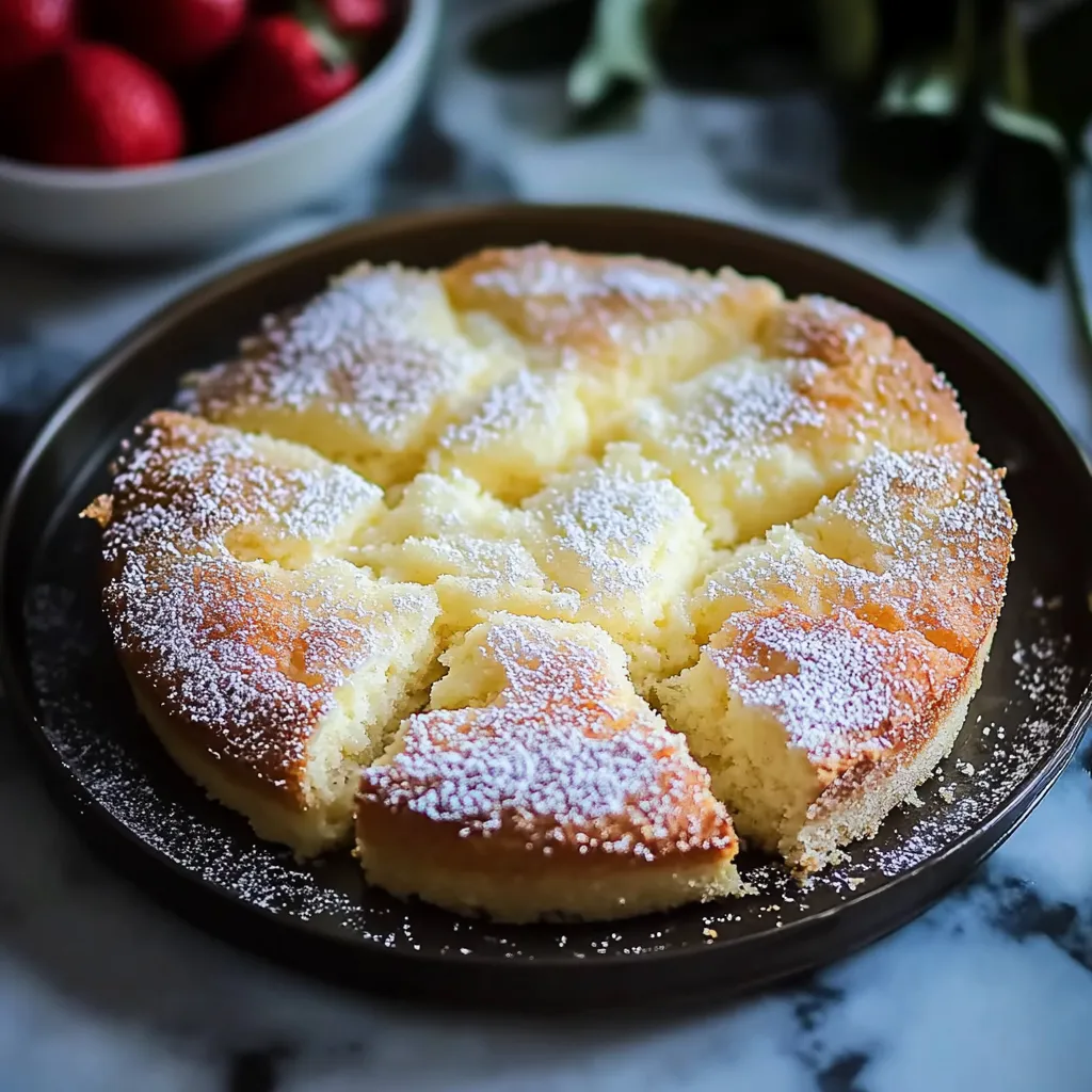 A slice of cake with powdered sugar on top.
