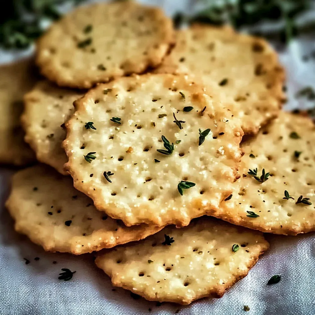 A stack of crackers with herbs on top.