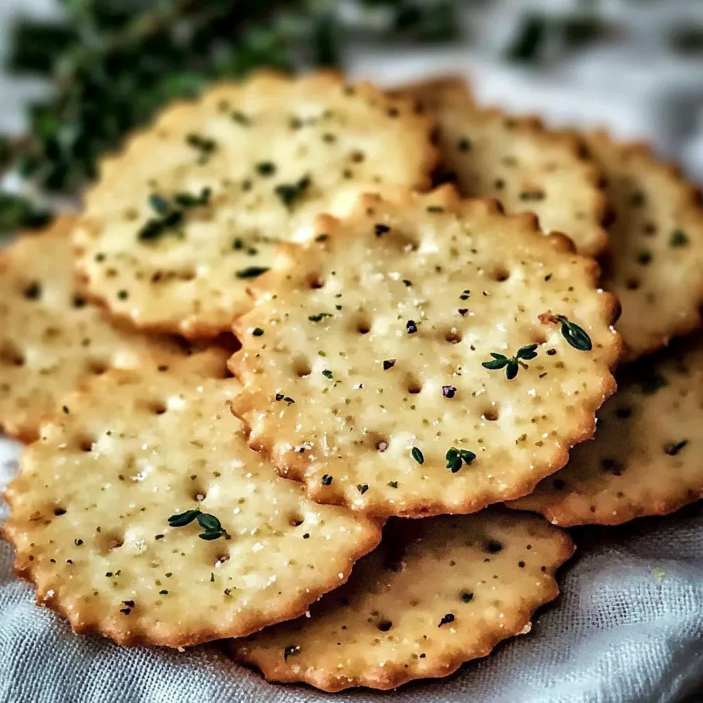A stack of crackers with herbs on top.