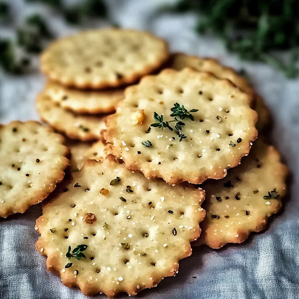 A stack of crackers with herbs on top.