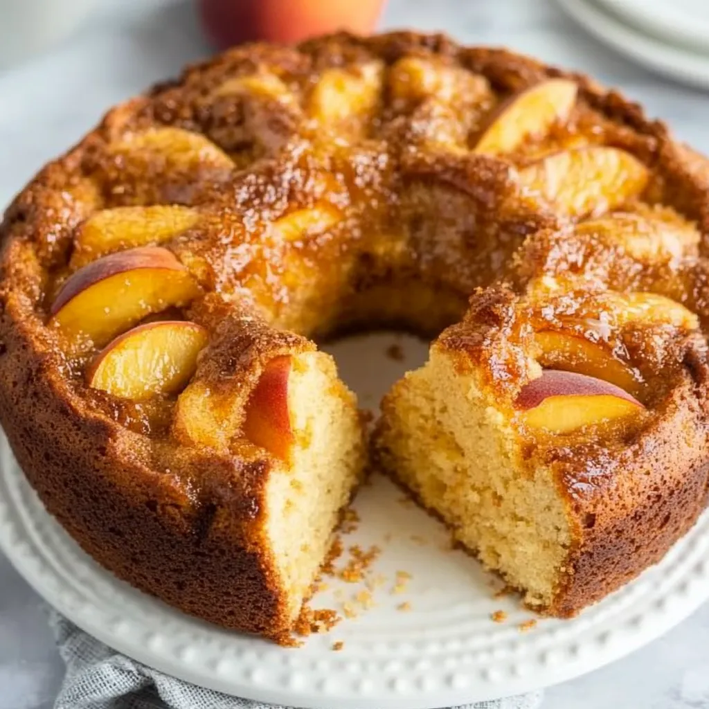 A slice of cake with peaches on top.
