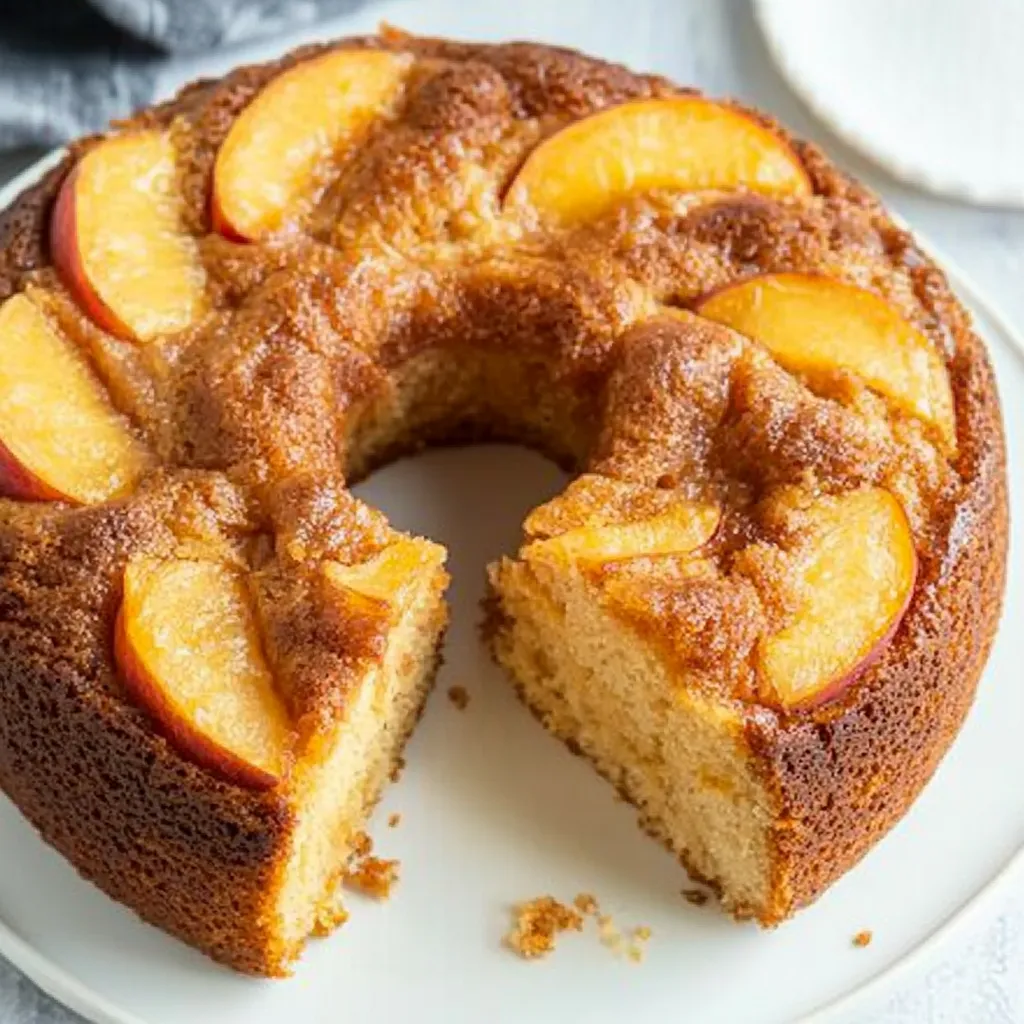 A slice of peach cake on a plate.