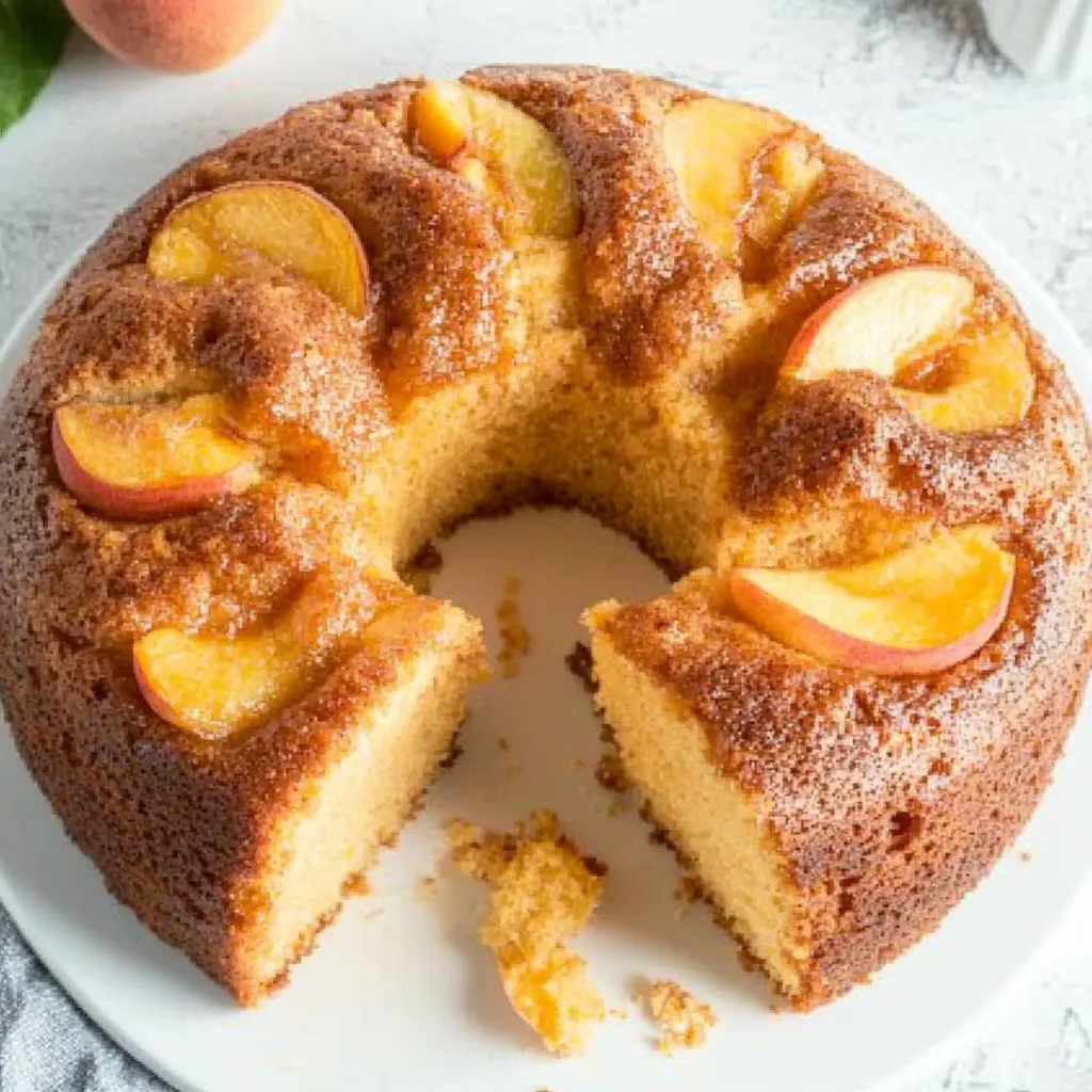 A slice of cake with peaches on top.