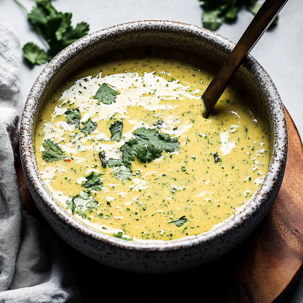 A bowl of soup with a spoon in it.