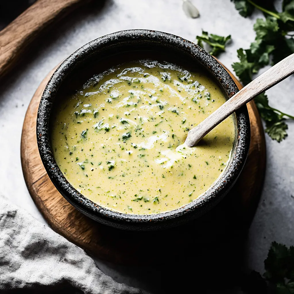 A bowl of soup with a spoon in it.