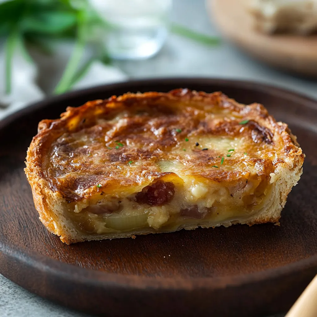 A slice of pie on a wooden plate.