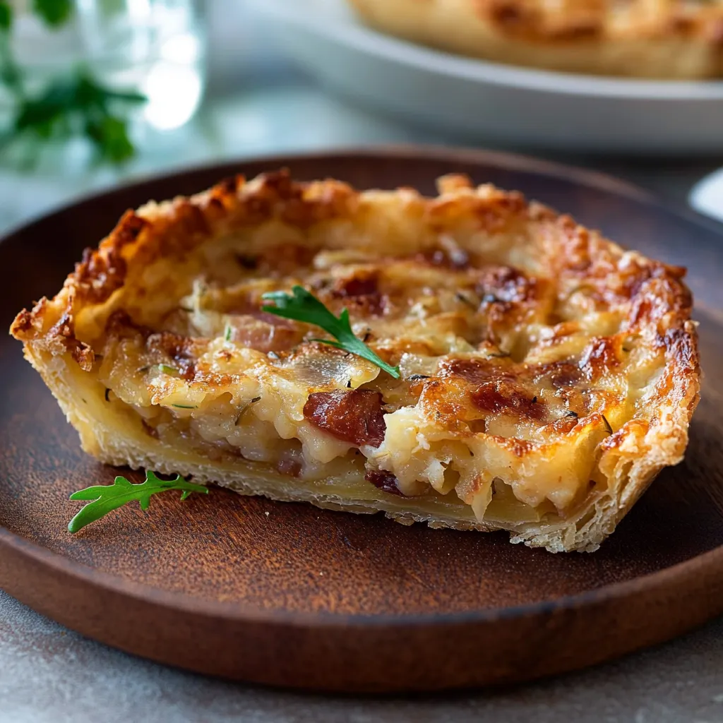 A slice of bacon and cheese pie.