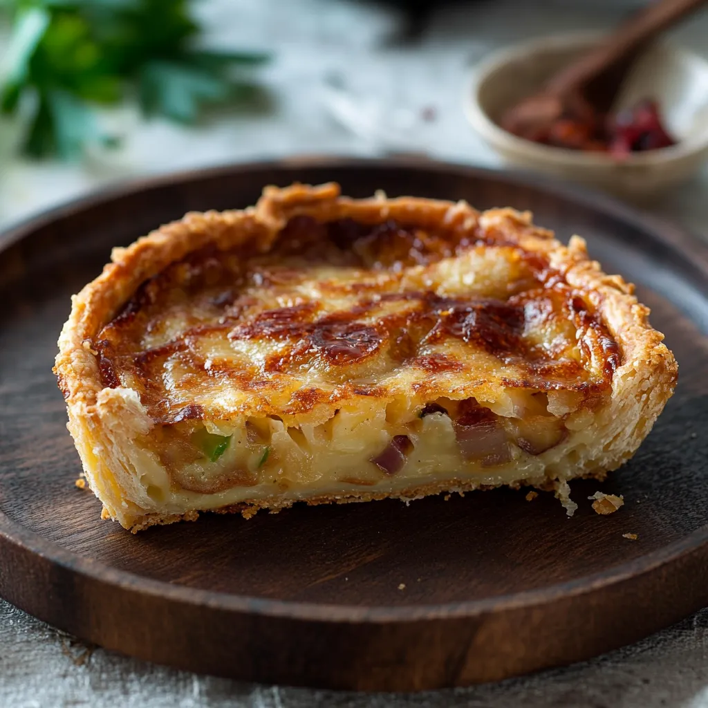 A slice of pie on a wooden board.