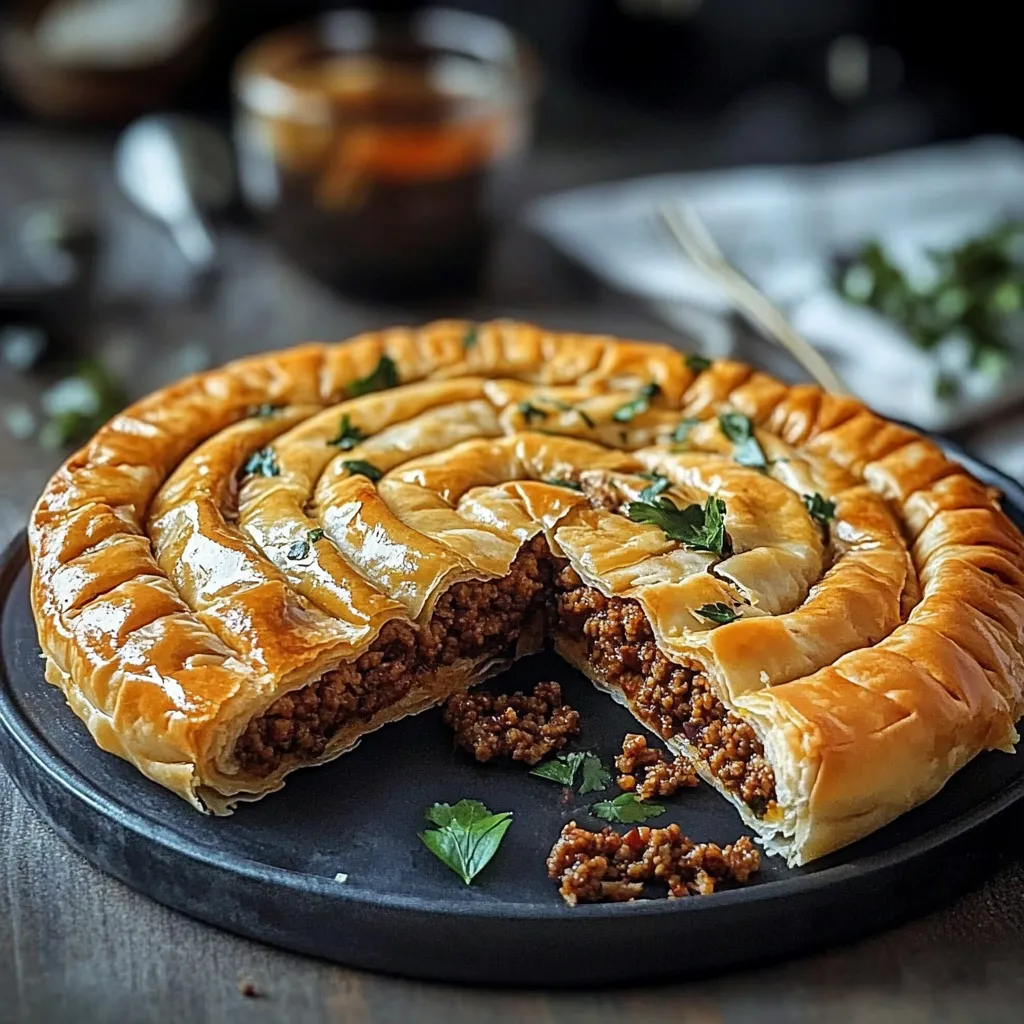 A slice of meat pie on a plate.
