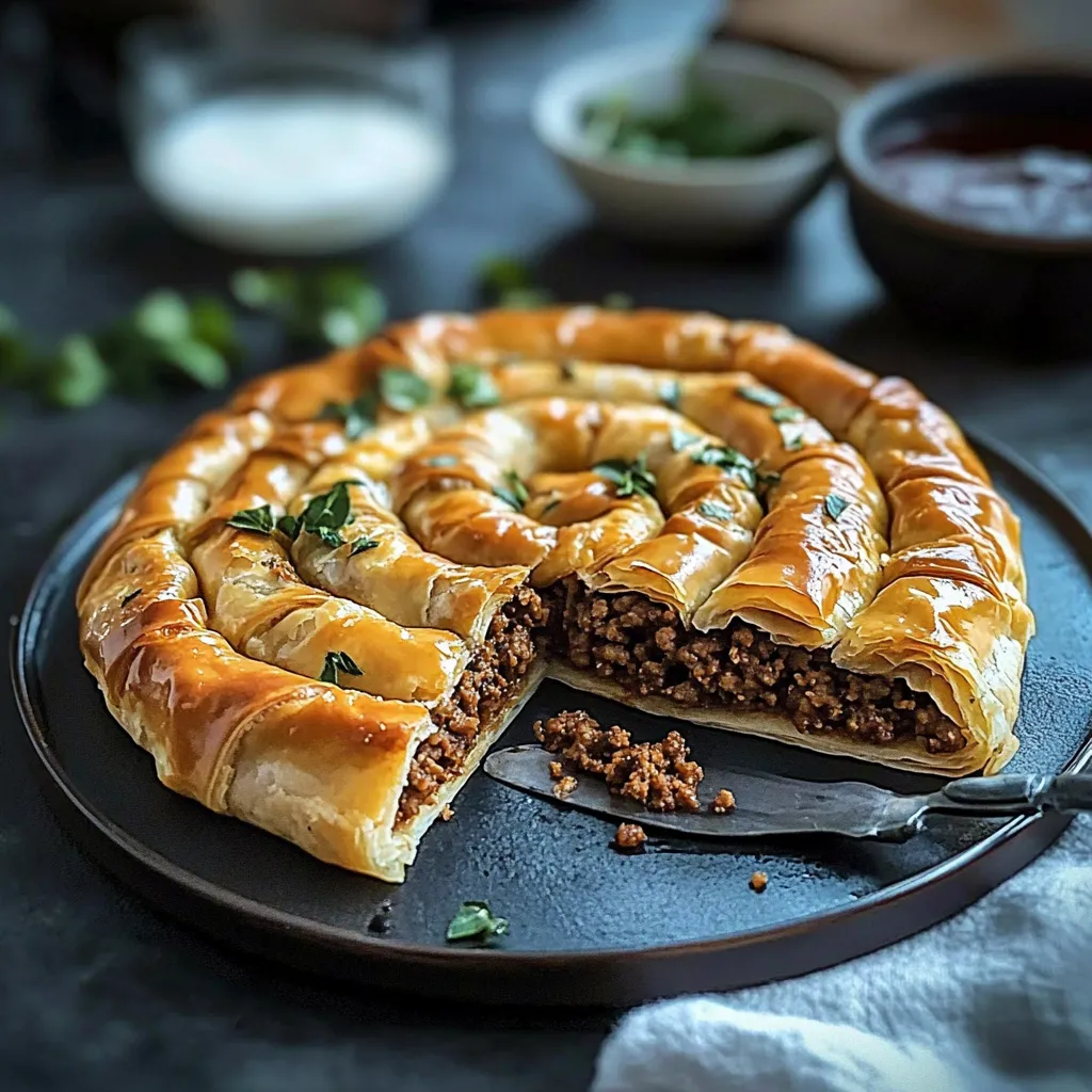 A slice of a pastry with meat and cheese.