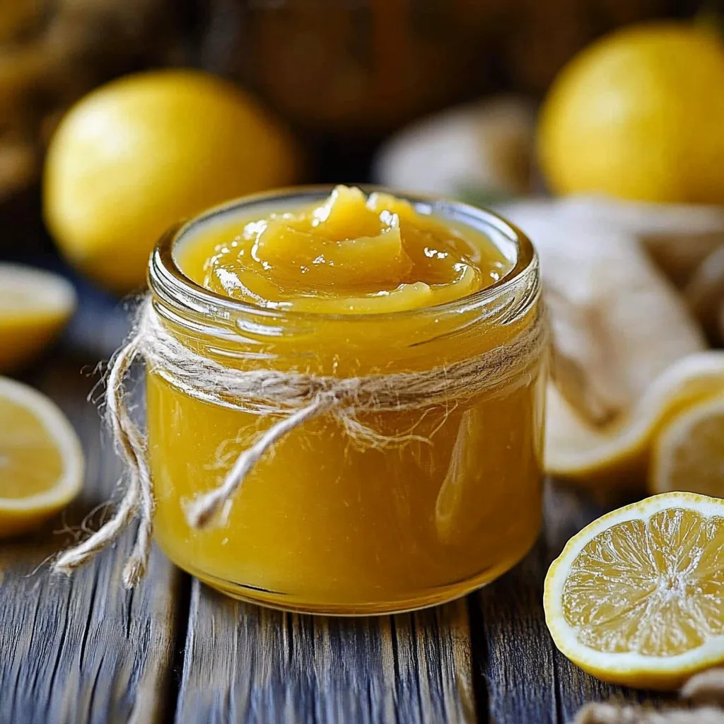 A jar of honey with a lemon wedge on top.