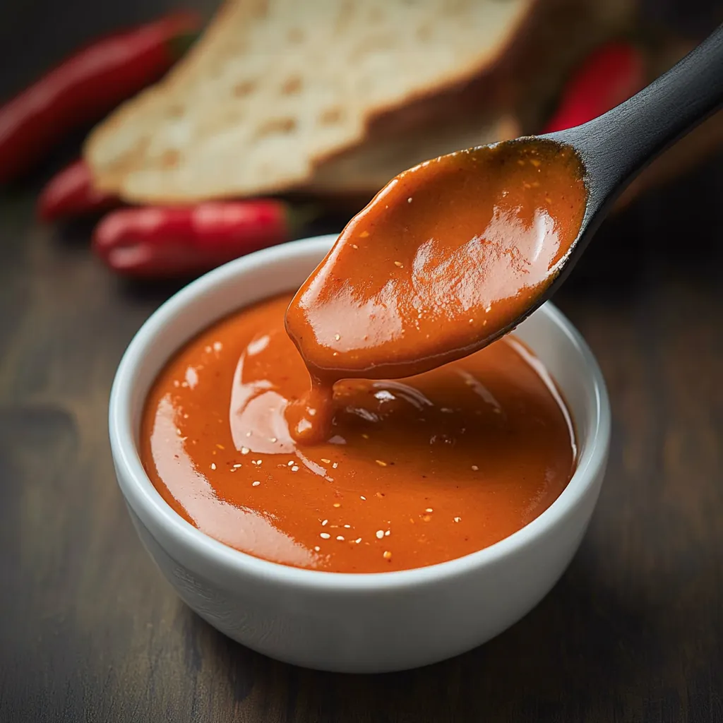 A spoon is being used to scoop up a sauce from a bowl.