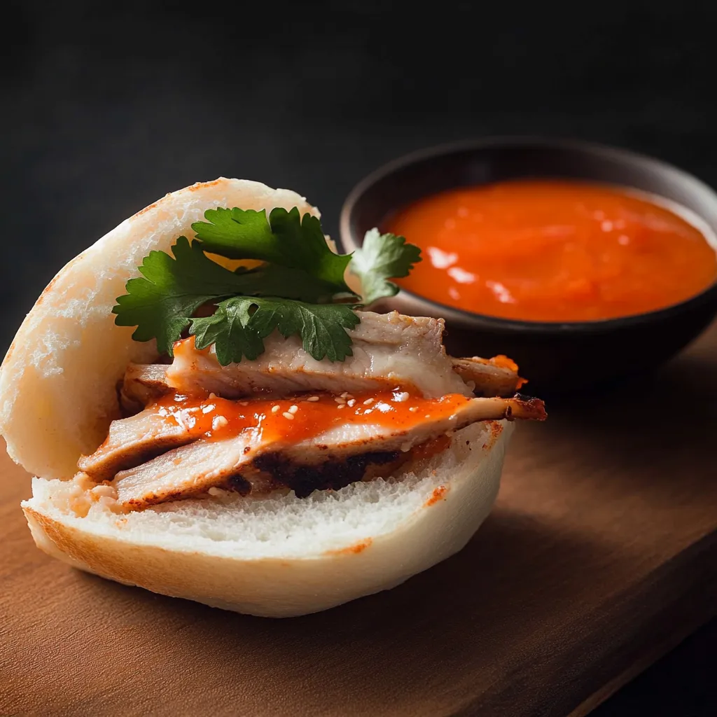 A sandwich with meat and sauce on a wooden table.