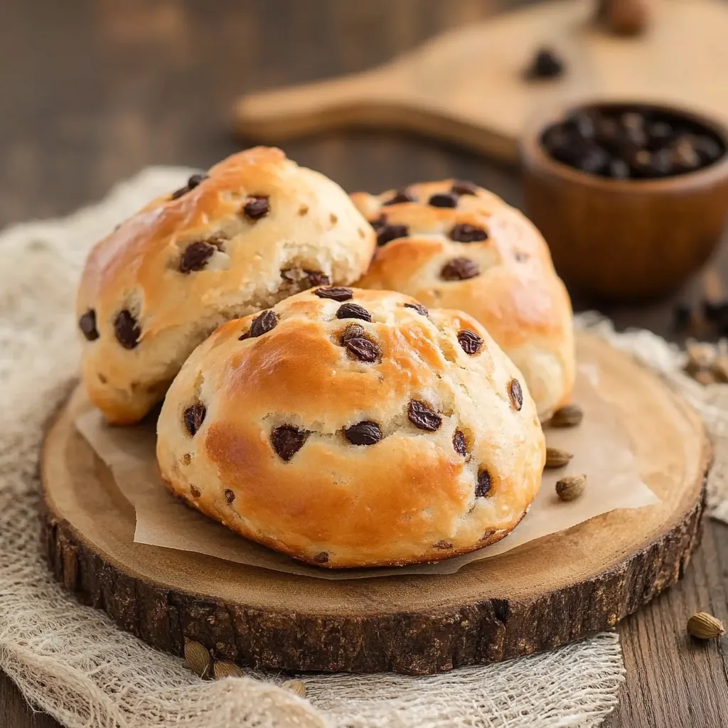 Three chocolate chip muffins on a wooden board.