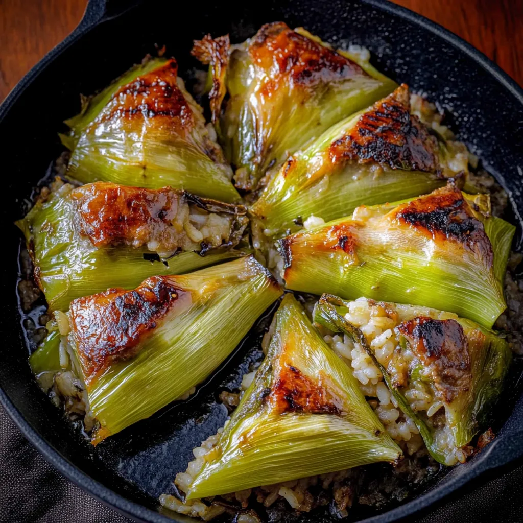 A pan of food with green vegetables.