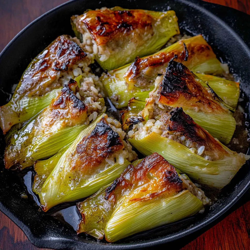 A pan of food with a green vegetable.