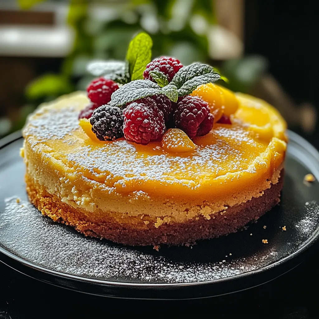 A slice of cake with raspberries and orange slices on top.