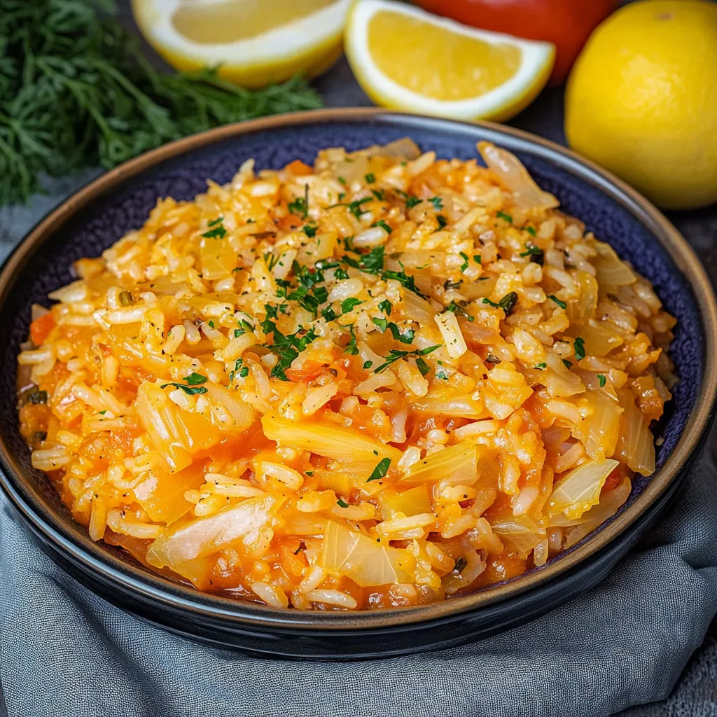 A bowl of rice with vegetables and lemon wedges.