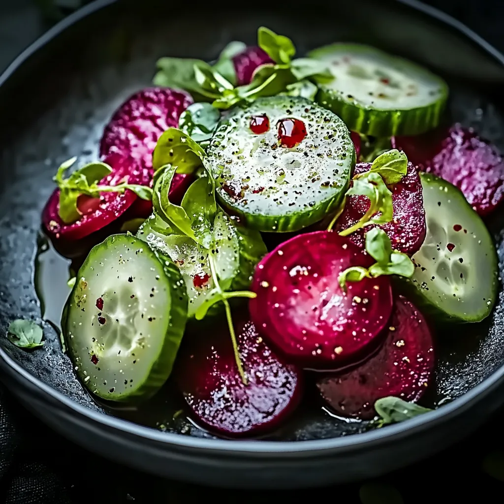 A bowl of vegetables including radishes, cucumbers, and beets.