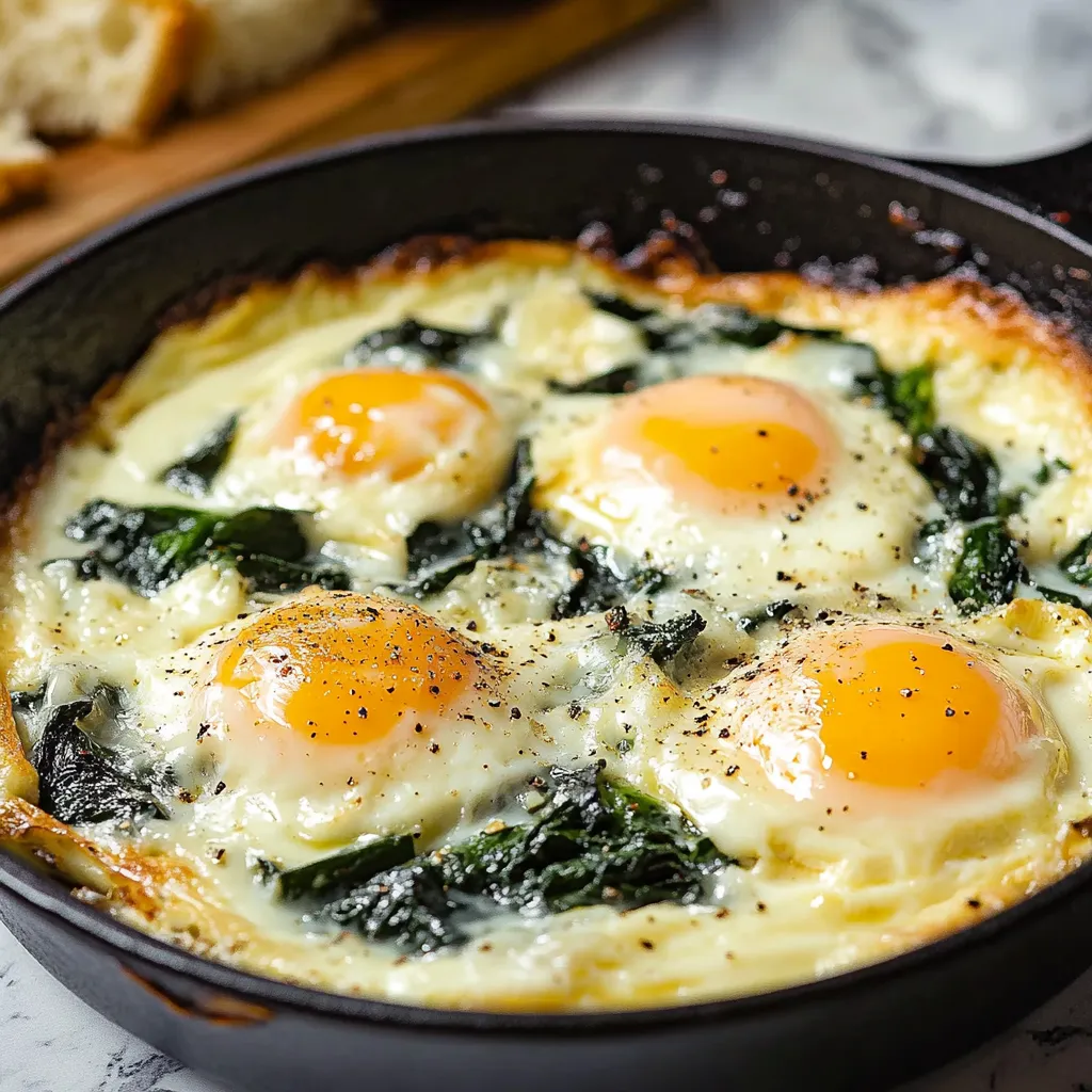 A pan of eggs with spinach.