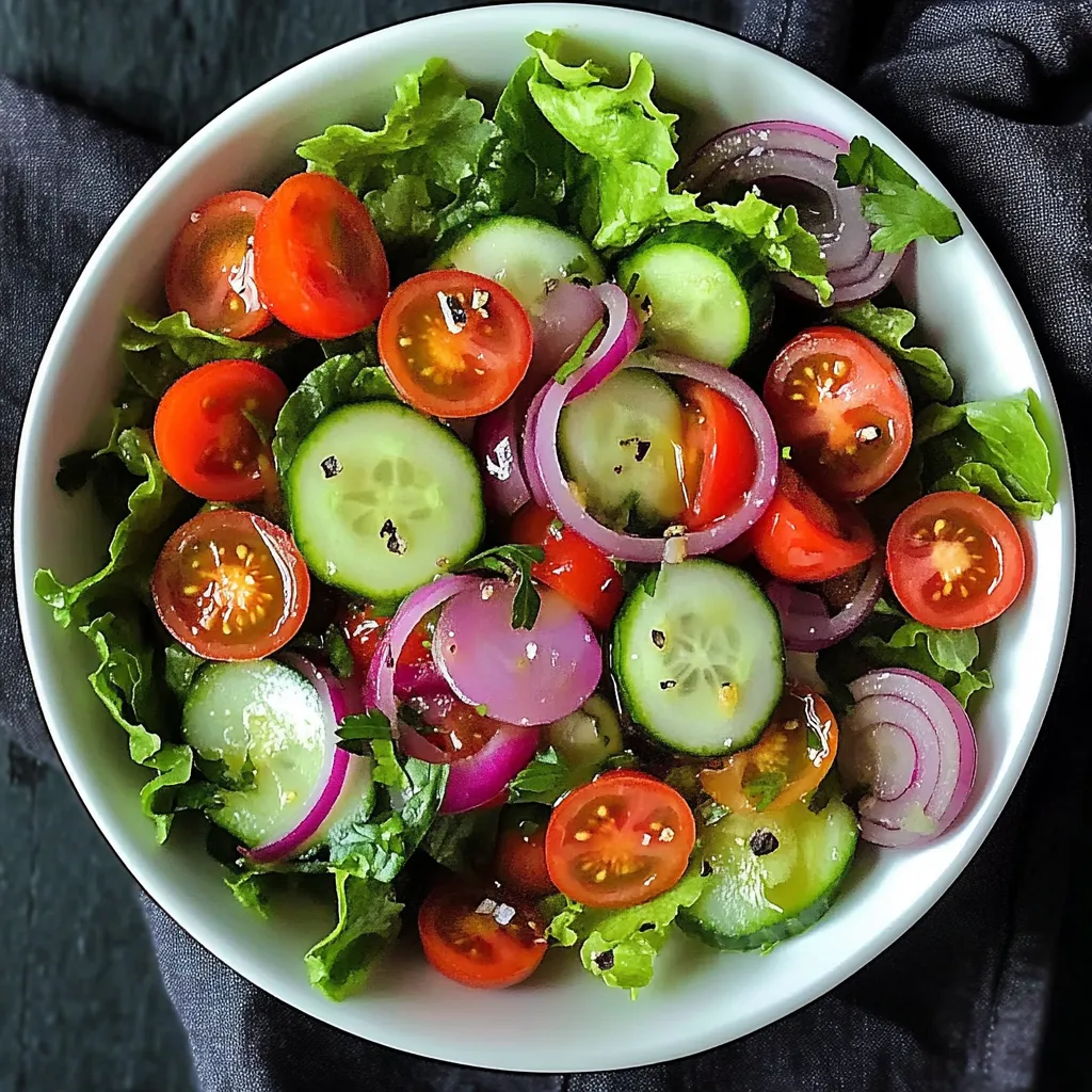 A white bowl filled with a salad of tomatoes, cucumbers, onions, and lettuce.