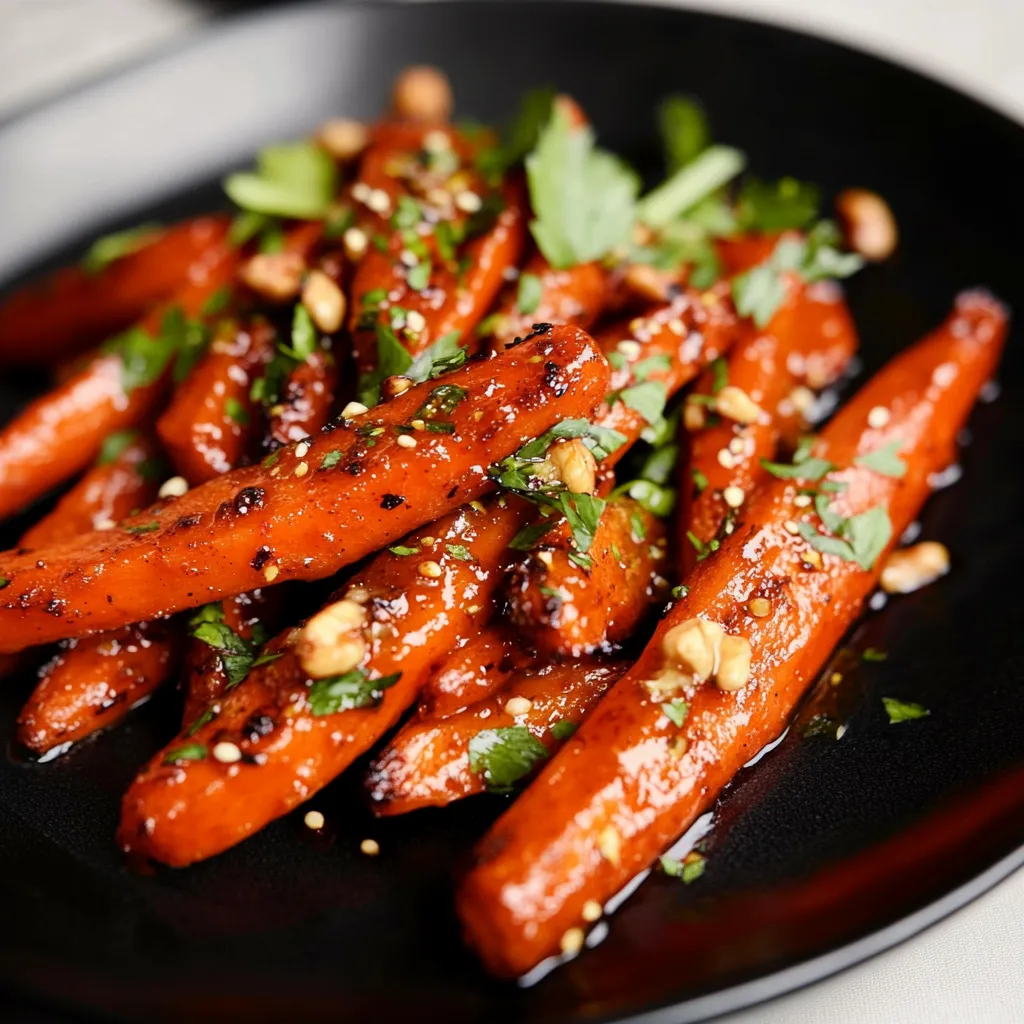A plate of carrots with a sauce.