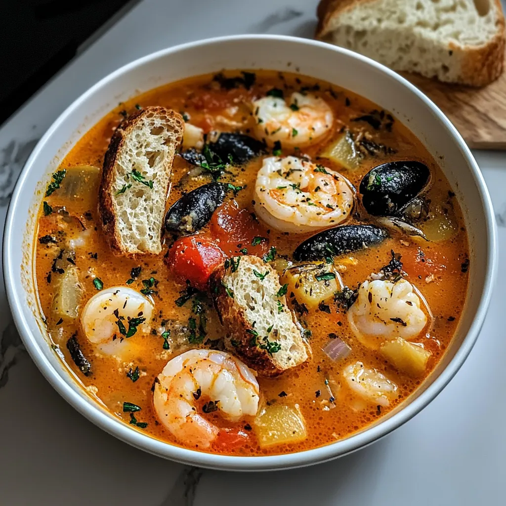 A bowl of soup with shrimp and bread.