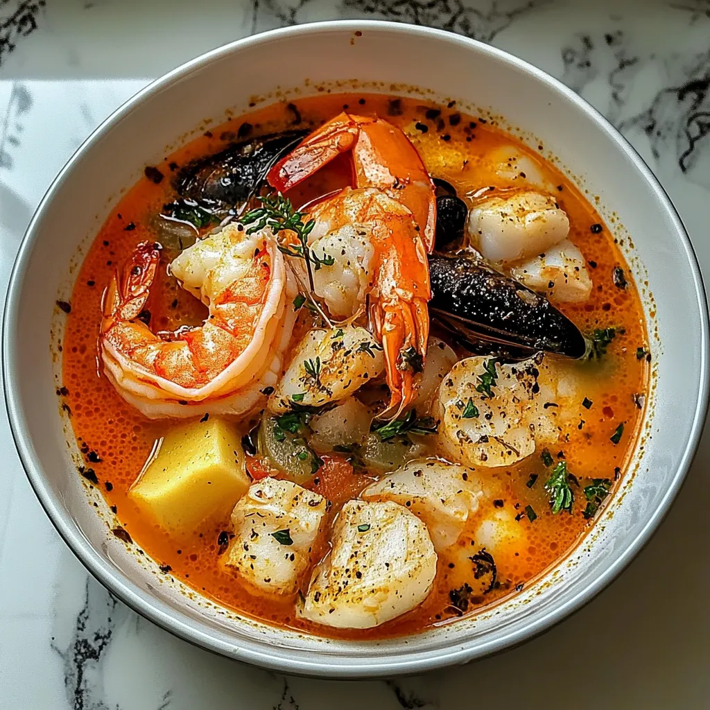 A bowl of soup with shrimp, scallops, and other vegetables.