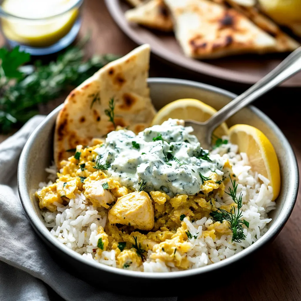A bowl of rice with lemon and yogurt.
