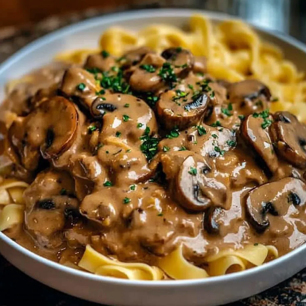 A bowl of pasta with mushrooms and cheese.
