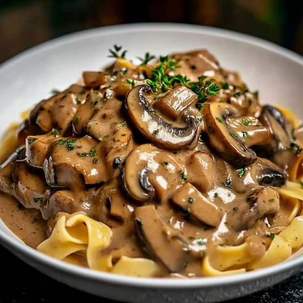 A bowl of mushroom and pasta.