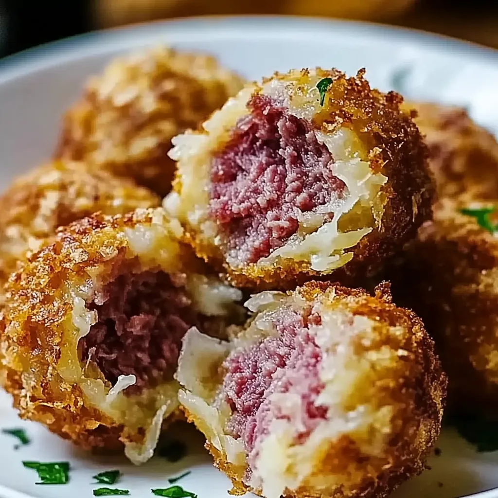 A plate of meatballs with a green garnish.