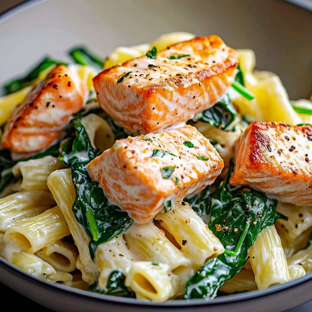 A bowl of pasta with salmon and spinach.