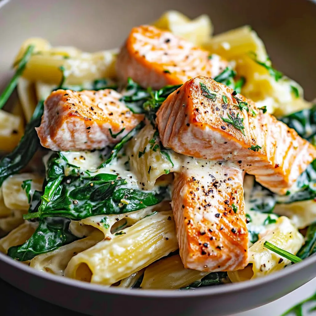 A bowl of pasta with salmon and spinach.