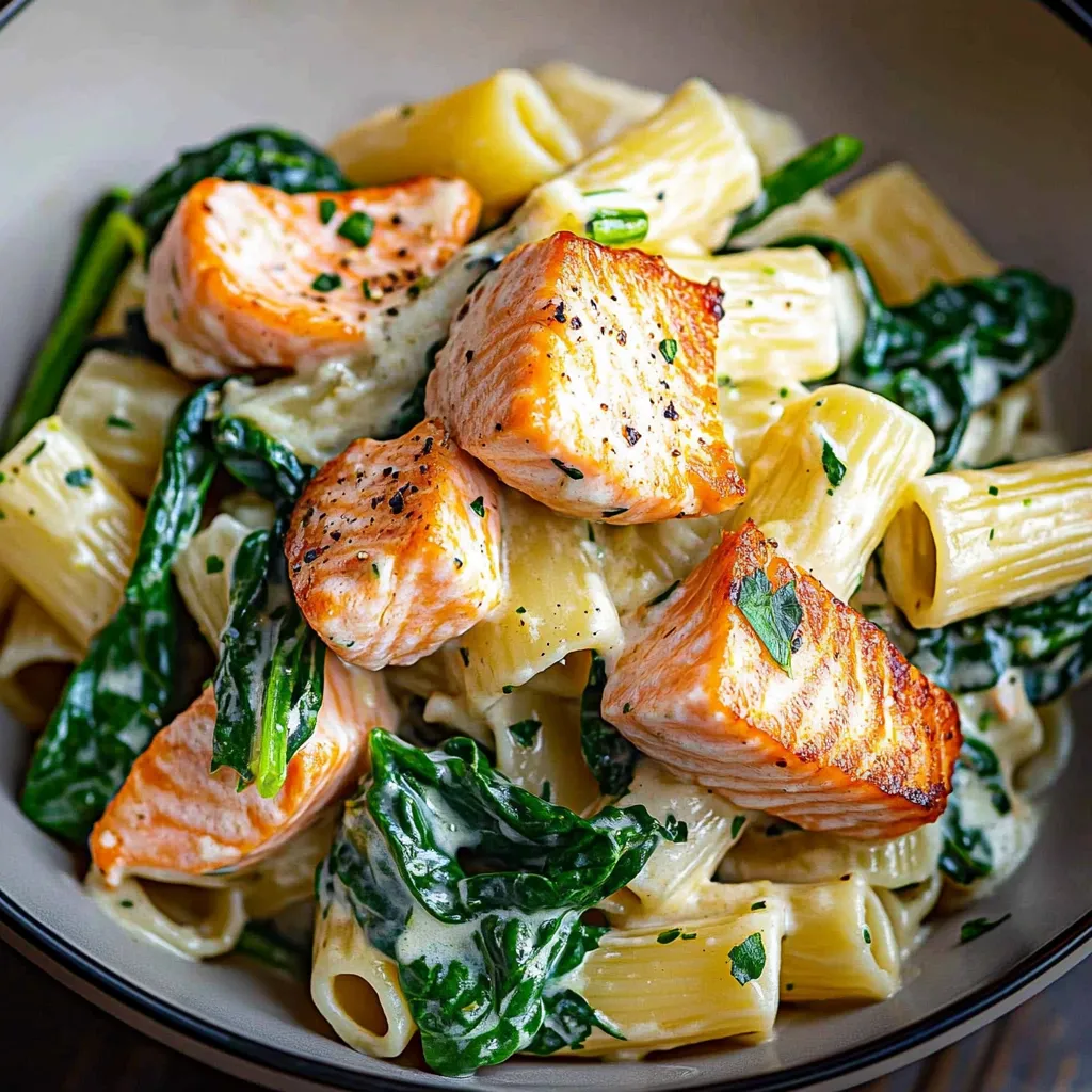 A bowl of pasta with salmon and spinach.