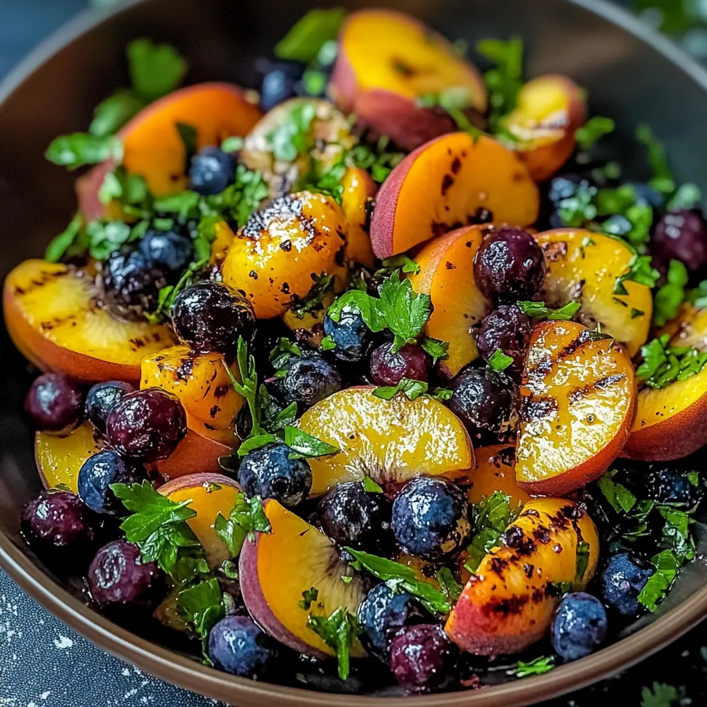 A bowl of fruit with blueberries, peaches, and greens.