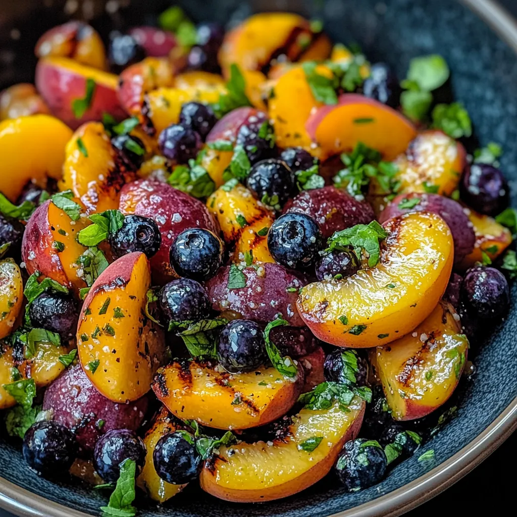 A bowl of fruit with blueberries, peaches, and plums.