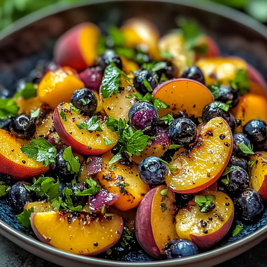 A bowl of fruit with blueberries, peaches, and plums.