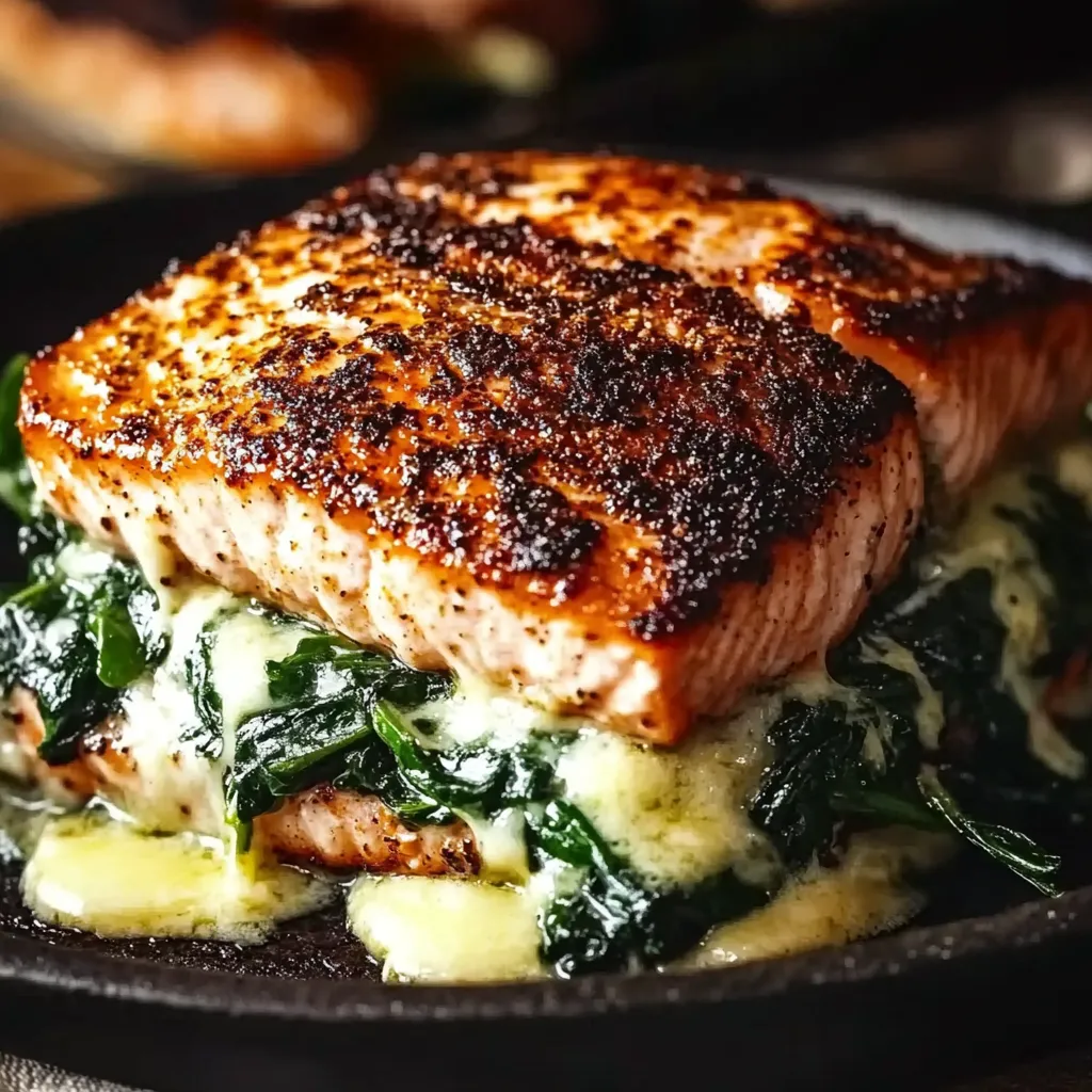 A piece of fish with blackened edges and a side of greens.