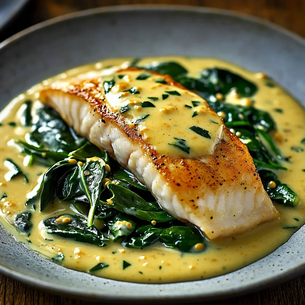 A plate of fish with sauce and greens.