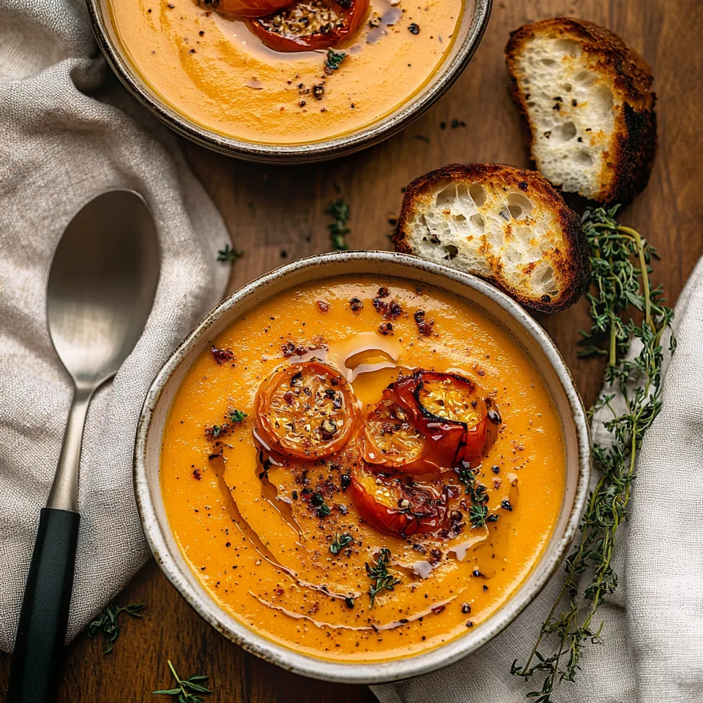 A bowl of soup with tomatoes and bread.