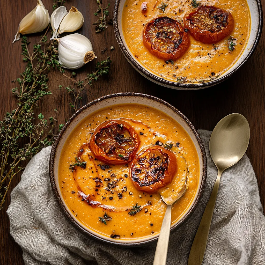Two bowls of soup with tomatoes and onions.