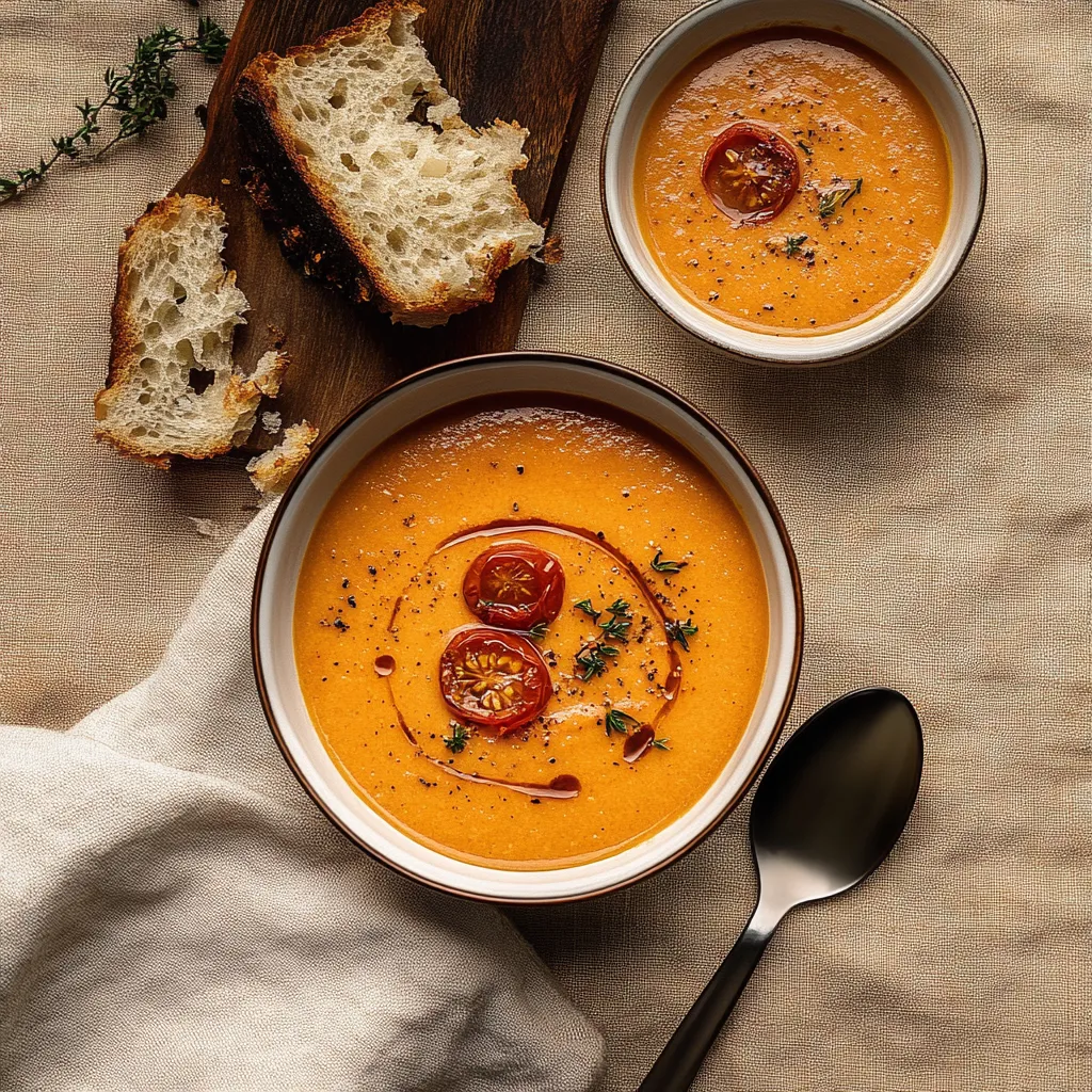 A bowl of soup with tomatoes and a spoon.