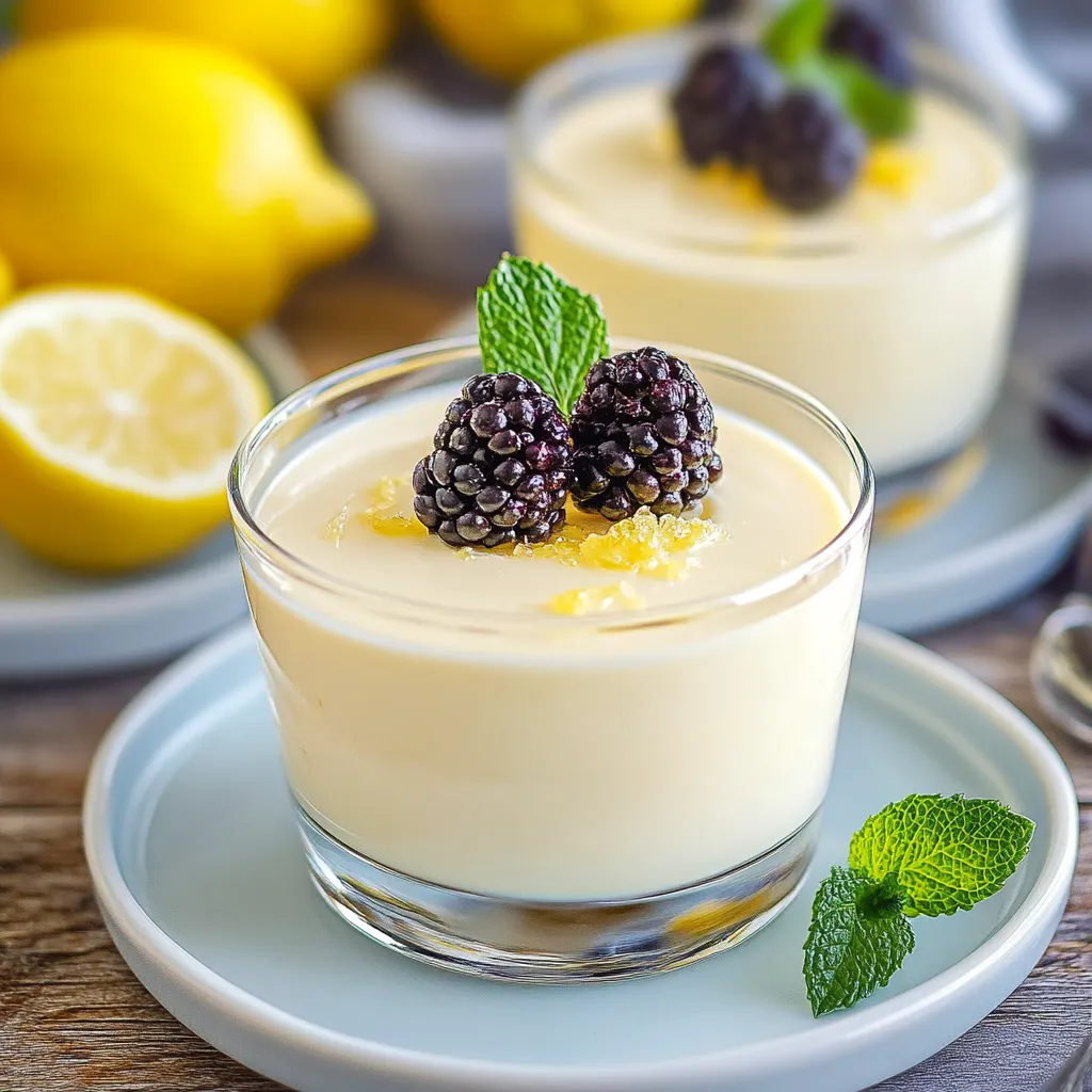 A glass of lemon yogurt with blackberries on top.
