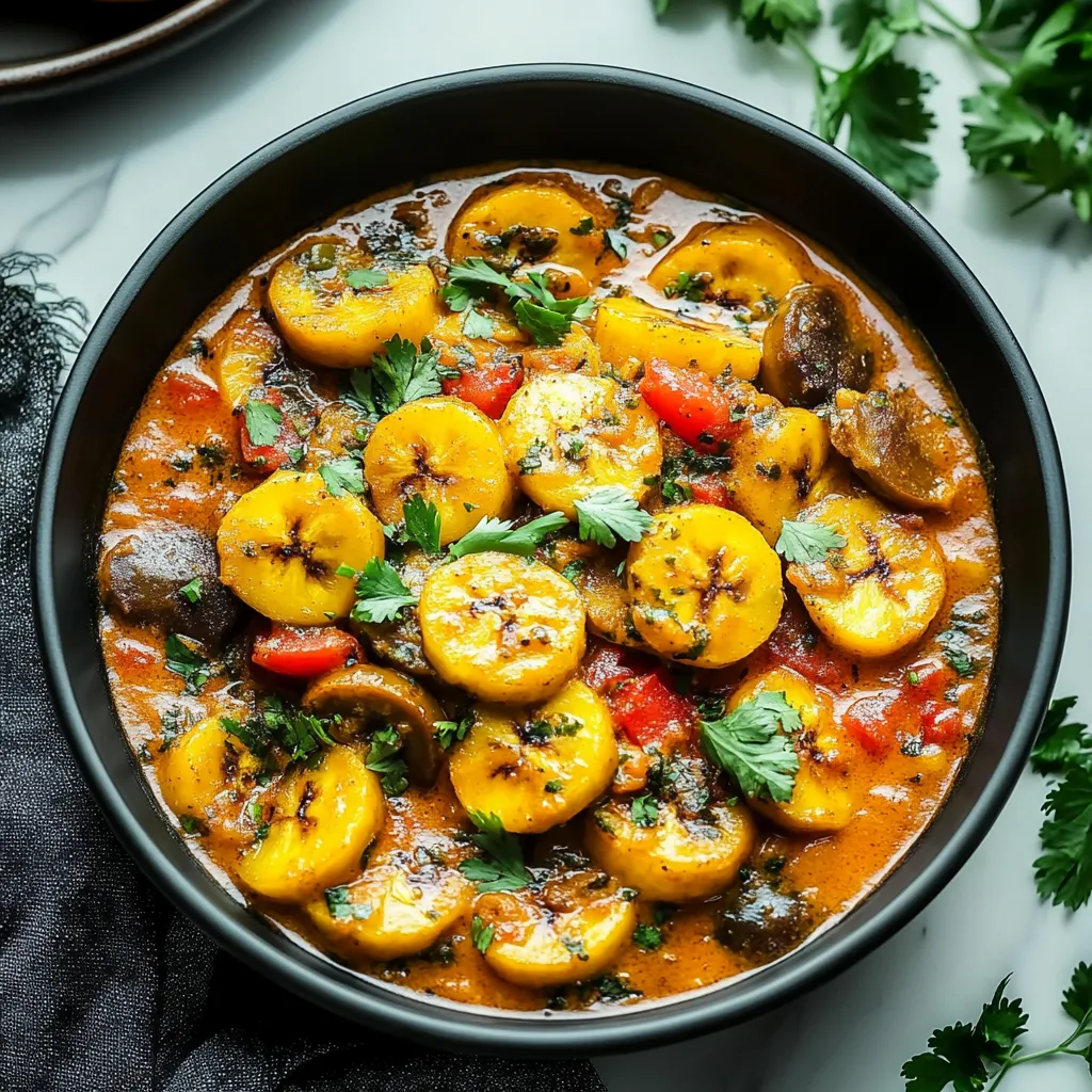 A bowl of soup with bananas and other vegetables.